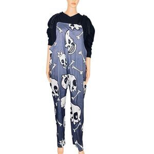 Skull Print Bib Overall Jumpsuit Women Suspenders Casual Halloween Gray Black OS